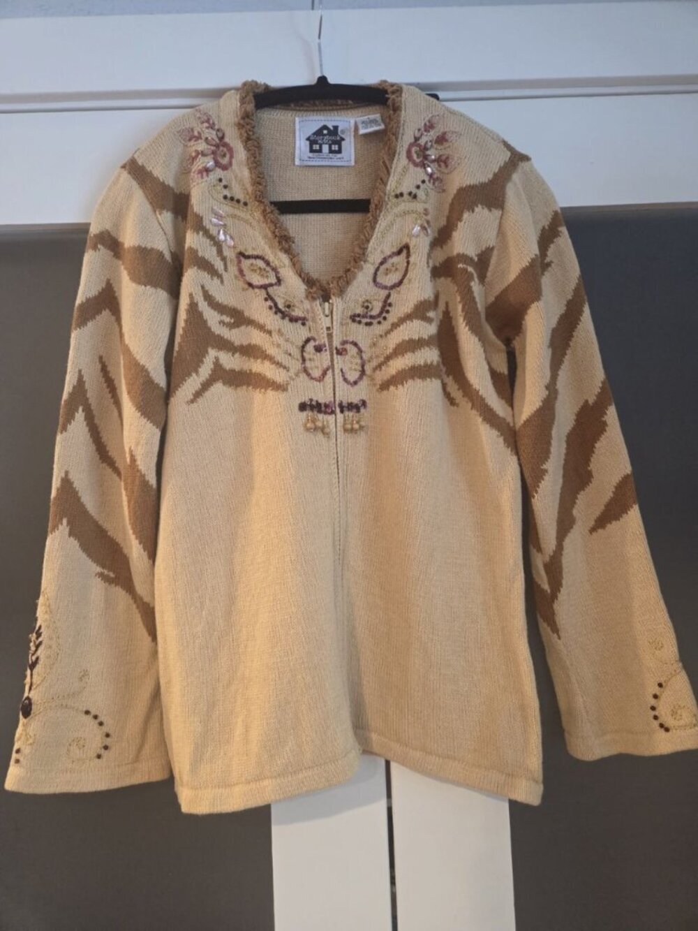 Storybook Knits Animal Attraction Zebra Cardigan Sweater Zip Front Beaded Sz S